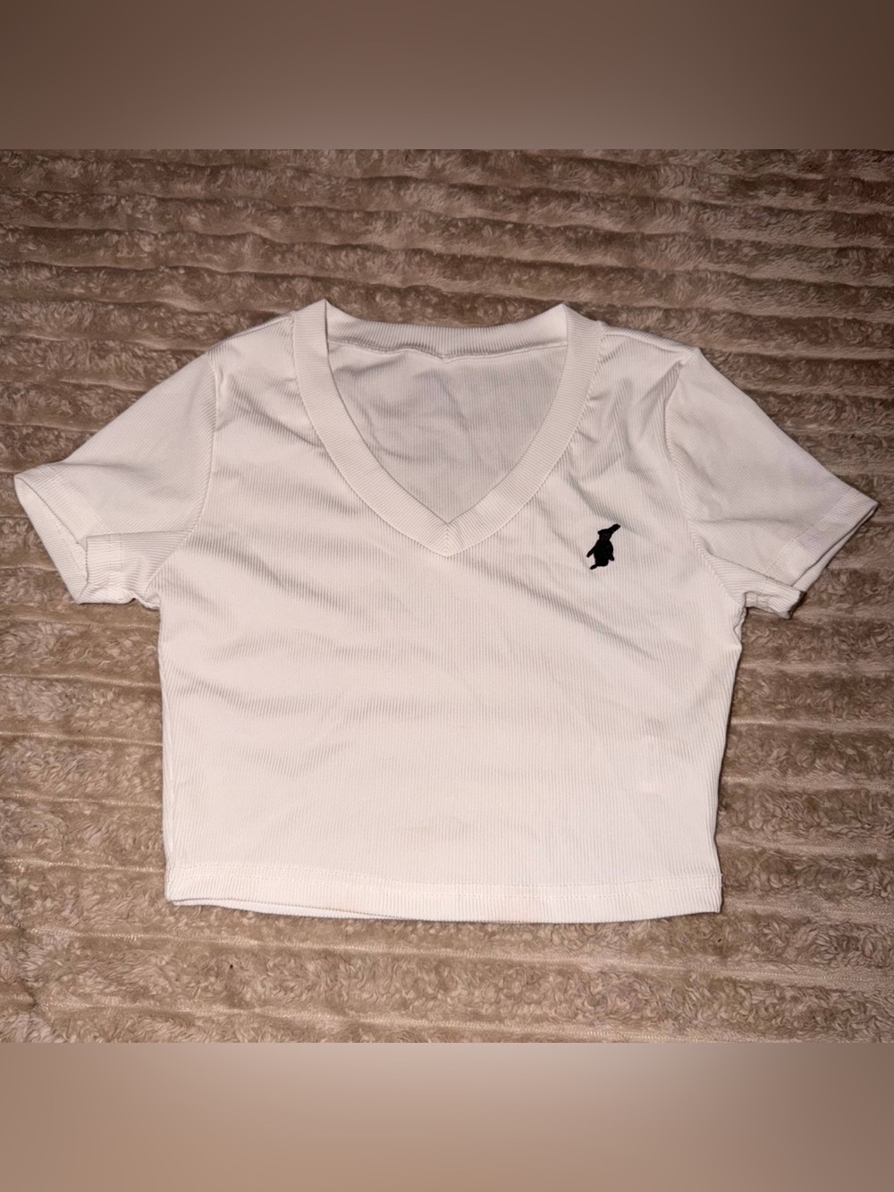 White V-Neck Ribbed Crop Top with Embroidered Logo